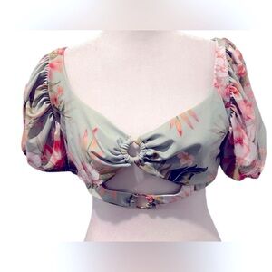ALTAR’D STATE ruffle puff sleeve tropical floral bikini top NWOT